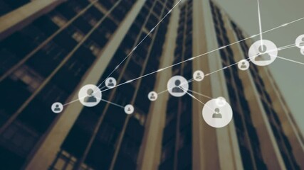 Aufkleber - skyscraper facade showcasing network of avatar icons linked by lines in flat design illustration