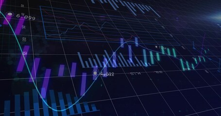 Poster - Financial dashboard displaying moving line graphs, bar charts, candlestick bars on grid background