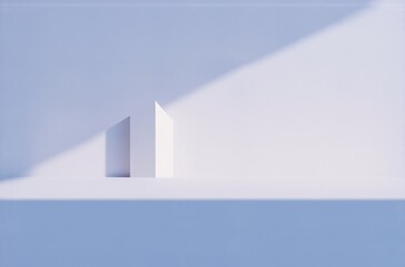 Poster - Minimalist 3D render of a white geometric avatar-like form on a pale blue platform, illuminated by a single light source casting a dramatic shadow.