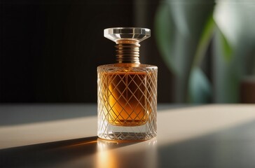 Poster - A rich amber perfume in a crystal bottle sits on a table, bathed in sunlight. The elegant design and warm light create a luxurious feel.