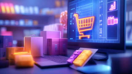 Poster - E-commerce shopping experience digital workspace 3d visualization virtual environment close-up retail innovation