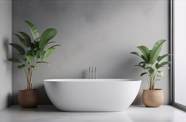 Poster - Modern bathroom interior with freestanding bathtub,  two potted plants flanking it, and a minimalist grey wall.  Large window provides natural light.