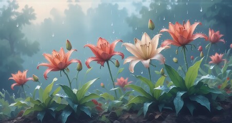 Aufkleber - Blooming lilies in vibrant colors thrive in a gentle rain. The tranquil setting and lush greenery evokes a sense of peace. Water droplets add freshness to the scene of nature.