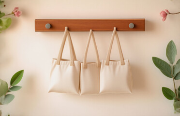 Aufkleber - three cream-colored tote bags hang from wooden hooks, against a plain wall, surrounded by floral det