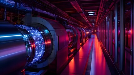 Poster - A long, narrow room with a glowing blue object in the middle. The room is dimly lit and the blue object is surrounded by a glowing light