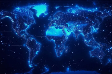 Poster - illuminated world map featuring glowing blue lights across continents. a futuristic visualization of