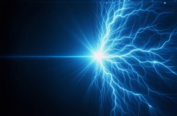 Fototapete - A vibrant blue electrical discharge bursts from a central point, branching into intricate, glowing tendrils against a dark background.  The energy is intense and visually striking.