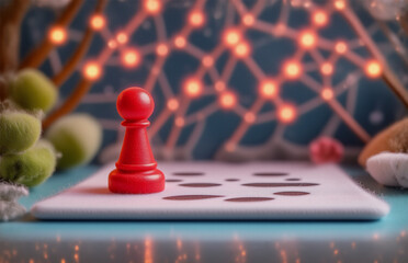 Aufkleber - A single red pawn stands on a board. Hints of connection are visible. The board is light, set amidst other objects with glowing lights in the background.