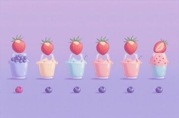 Poster - Six cute avatar-like cups showcasing creamy strawberry and blueberry concoctions.  A delightful, sweet illustration perfect for a food blog or app.