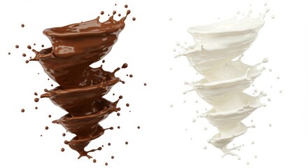 Poster - Chocolate and milk splash tornado isolated on white background showcasing dynamic swirls and liquid motion for beverage and dessert concept