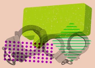 Poster - Risograph Handcuffs with speech bubble with geometric shapes. Objects in trendy riso graph print texture style design with geometry elements.