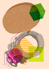 Poster - Risograph Handcuffs with speech bubble with geometric shapes. Objects in trendy riso graph print texture style design with geometry elements.