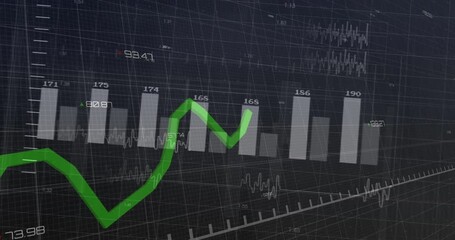 Poster - Green zigzagging trend line moving across dark 3D grid dashboard, showing gray bars, numeric labels