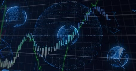 Poster - central 3D dotted globe floating above grid, displaying candlestick chart and colored line graphs