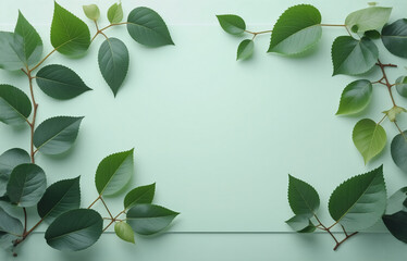 Aufkleber - a frame of vibrant green leaves arranged on a pale green background, creating a natural, fresh borde