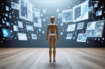 Poster - a wooden mannequin stands before a holographic display of data, charts, and images, symbolizing info