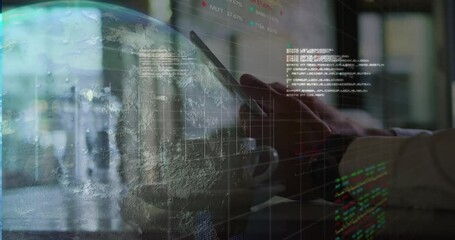 Poster - Man tapping smartphone on desk, displaying scrolling code, line graphs and globe in finance tech
