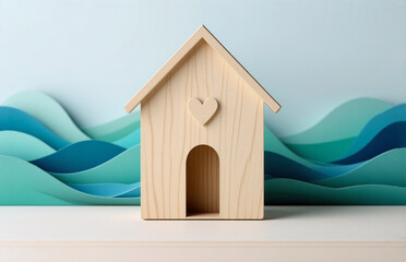 Poster - a wooden miniature home, front view, is positioned against an abstract blue wavy backdrop, adding de