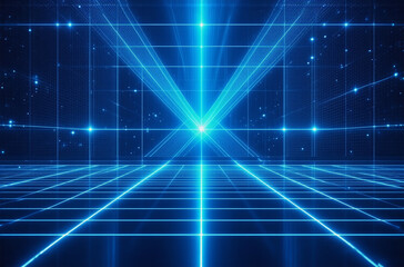 Poster - abstract blue background featuring glowing lines converging to a bright central point, creating a se