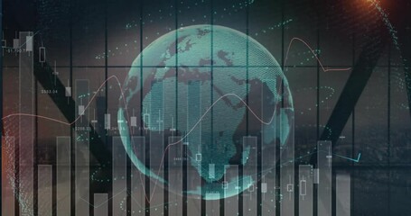 Poster - Holographic globe rotating over grid, showing bar and candlestick charts, lines and numeric labels