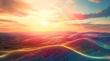Poster - Vibrant Sunset Landscape Digital Art Abstract Hills Colorful Nature Scene Warm Tones Golden Hour Rays Artistic Background Design Illustration Graphic 
