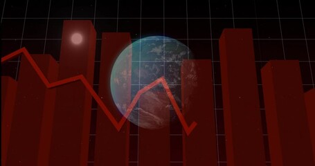 Poster - 3D Earth globe floating over grid with rising red bars and zigzag line under glowing sphere
