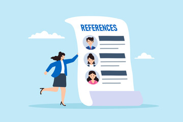 Poster - Flat illustration of businesswoman hold reference documents with list people and work experience professional recommendation