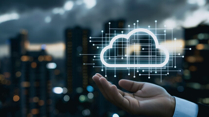 Poster - Cloud Computing in the City: A hand presenting a glowing cloud icon representing cloud computing with a stunning urban backdrop showcasing the seamless integration of technology with the city.