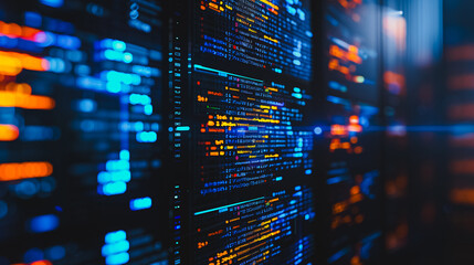 Poster - Data Fortress: A mesmerizing digital landscape of server racks, alive with vibrant code and data streams, symbolizing the complex architecture of modern technology and data centers.