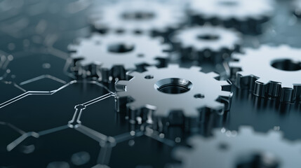 Poster - Mechanized Precision: A macro shot reveals a network of interlocking gears on a circuit board, symbolizing the intricacies of technology and engineering.