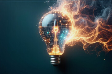 Poster - glowing lightbulb with internal circuit design emits fiery energy, symbolizing innovation and bright