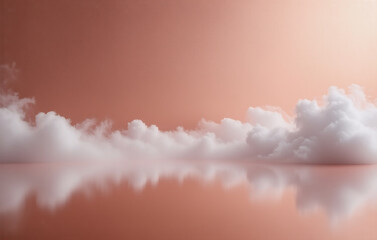 Wall Mural - dreamy landscape with soft white clouds gently floating above a smooth, reflective pink surface, cre