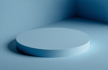 Aufkleber - the image shows a blank, round podium. it's a serene, soft blue hue. the podium sits within a corner