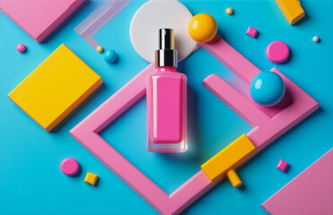 Poster - Bright pink bottle with silver cap on a blue backdrop surrounded by vibrant geometric shapes like squares, circles and rectangles.