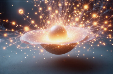 Poster - a radiant sphere emits golden particles, connected by luminous lines, atop a dish-like base. an abst