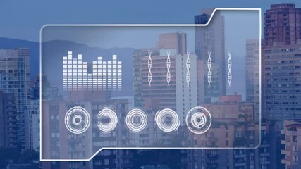 Poster - Urban skyline displaying dashboard overlay featuring equalizer bar, DNA helix icons, circular UI