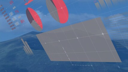 Poster - Digital interface overlaying mountains, showing rotating 3D pie charts and floating bar charts