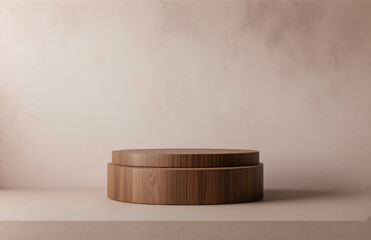 Poster - Wooden podium sits on a shelf with a beige wall backdrop, creating a minimalist and neutral setting, ideal for showcasing products or objects.