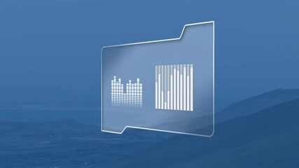 Poster - Transparent folder panel floating over blue hills displaying equalizer and vertical bar charts