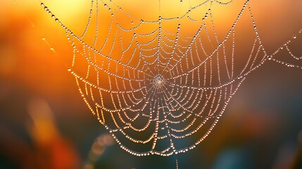 Close-up of the intricate details of a spiderweb glistening with dew