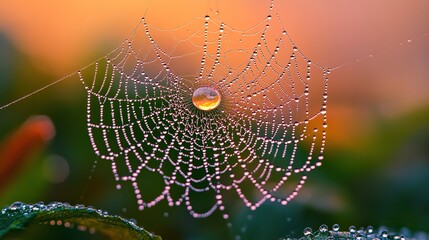 Close-up of the intricate details of a spiderweb glistening with dew