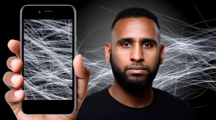 Poster - Man holding cell phone on white background, a modern communication concept