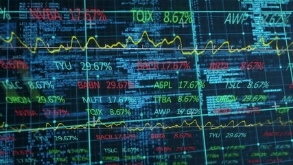 Poster - Financial dashboard displaying scrolling stock tickers over code grid, showing percentage graphs