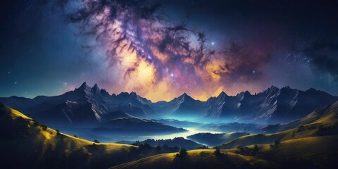 Night landscape with colorful Milky Way and yellow light at mountains. Starry sky with hills at summer. Beautiful Universe.