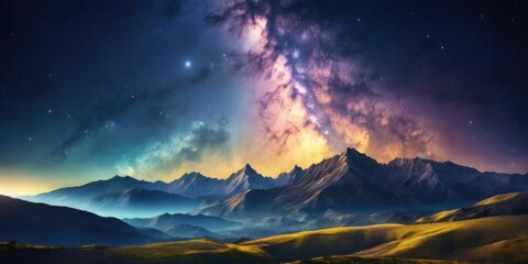 Night landscape with colorful Milky Way and yellow light at mountains. Starry sky with hills at summer. Beautiful Universe.