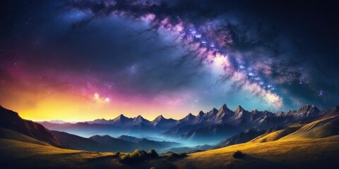 Night landscape with colorful Milky Way and yellow light at mountains. Starry sky with hills at summer. Beautiful Universe.