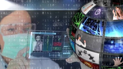 Poster - Open human hand reaching toward technology interface, displaying holographic globe and binary code