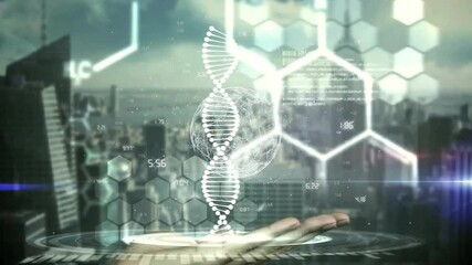 Poster - Futuristic 3D render showing hand projecting holographic DNA with wireframe globe and code streams