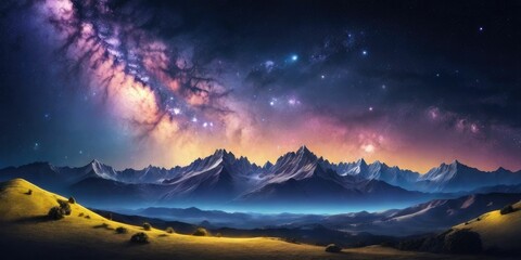 Night landscape with colorful Milky Way and yellow light at mountains. Starry sky with hills at summer. Beautiful Universe.