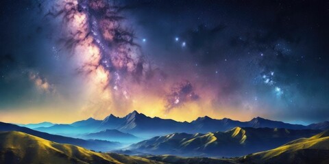 Wall Mural - Night landscape with colorful Milky Way and yellow light at mountains. Starry sky with hills at summer. Beautiful Universe.